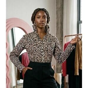 Upcycled Leopard Print Button-Up J.Crew Shirt with High Ruffle Collar | Size S-M